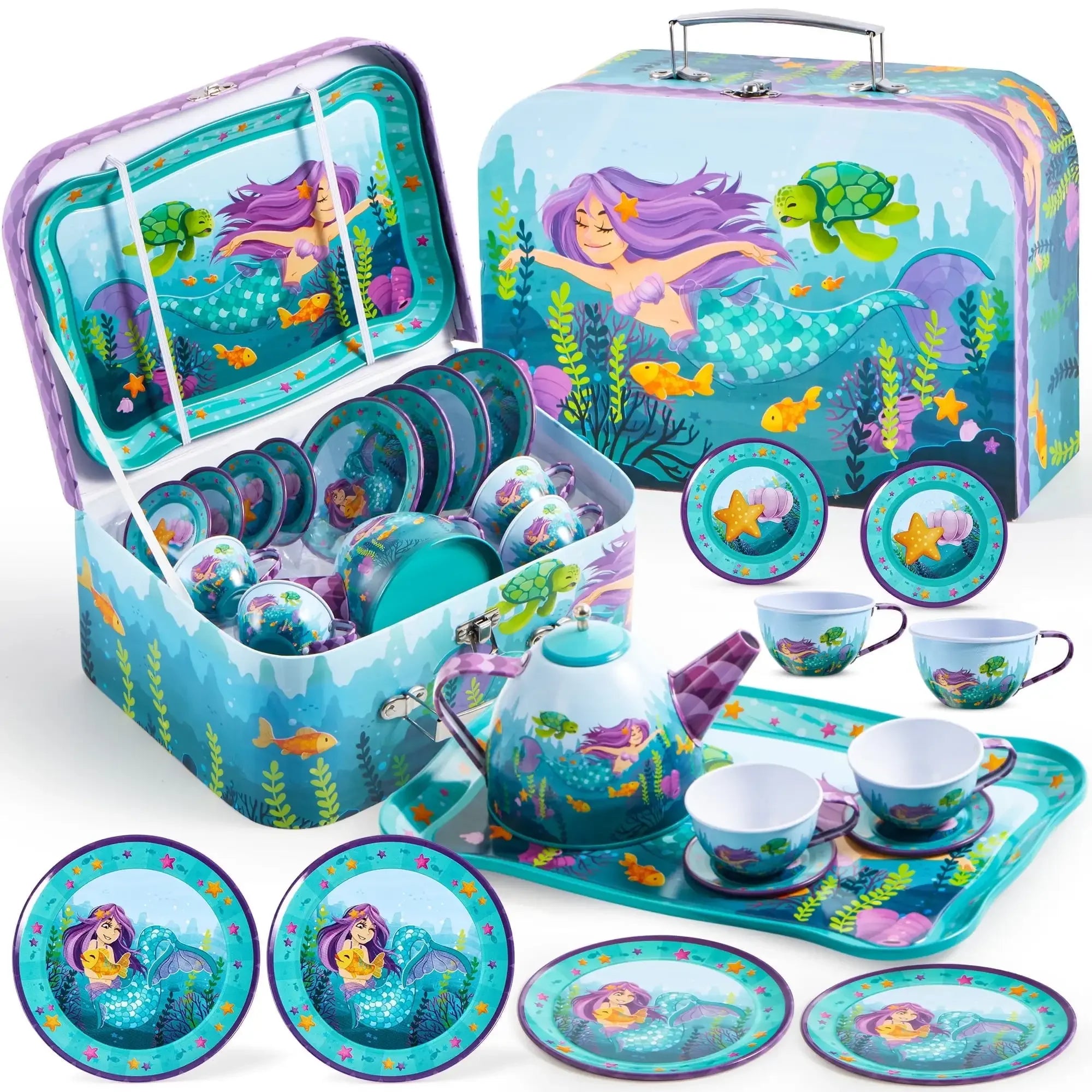 Joyfy Kid Tea Set Mermaid Tea Party Set Princess Pretend Play Tin Teapot Set Kitchen Toy for Girls Toddlers 2 3 4 5 6 Years Old - Smarsty