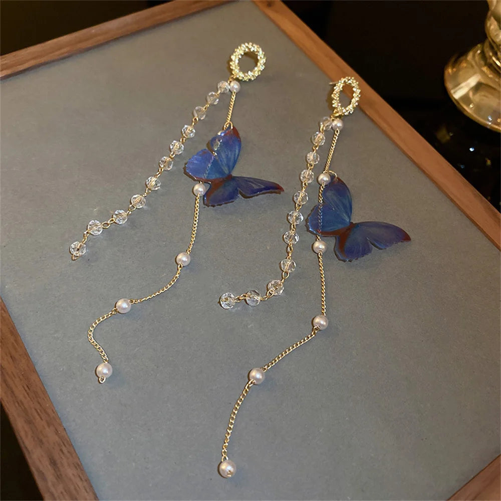 Luxury Women’s Zircon Crystal Pearl Butterfly Tassel Earrings - Smarsty