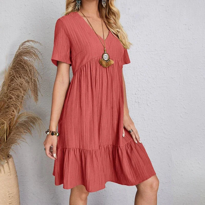 2025 Loose V-neck Short Sleeved Pleated Women Dress Solid Color A-line Beach Dresses Elegant Simple Comfortable Woman Clothing - Smarsty