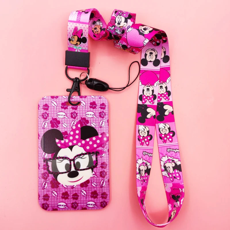 Disney Pink Lanyard ID Badge Holder Mickey Credit Card Case Neck Strap Minnie Card Holders Girl Credentials Accessories Keychain
