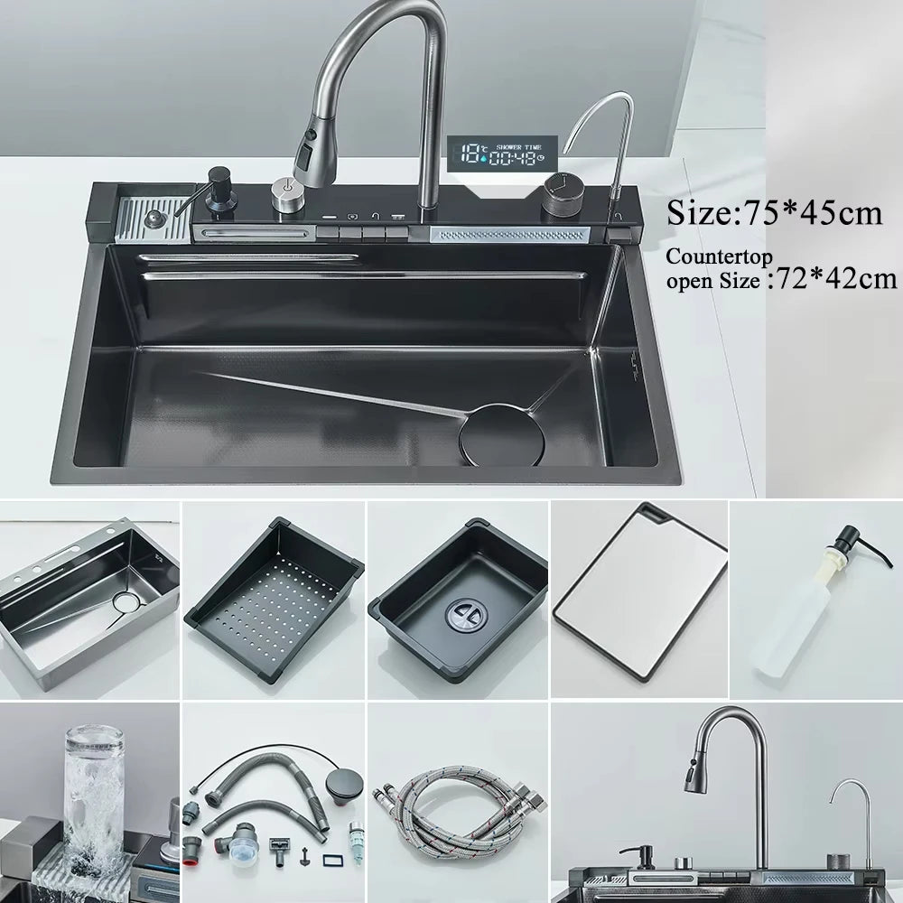 Large Stainless Steel Kitchen Sink with Digital Faucet Display - Smarsty