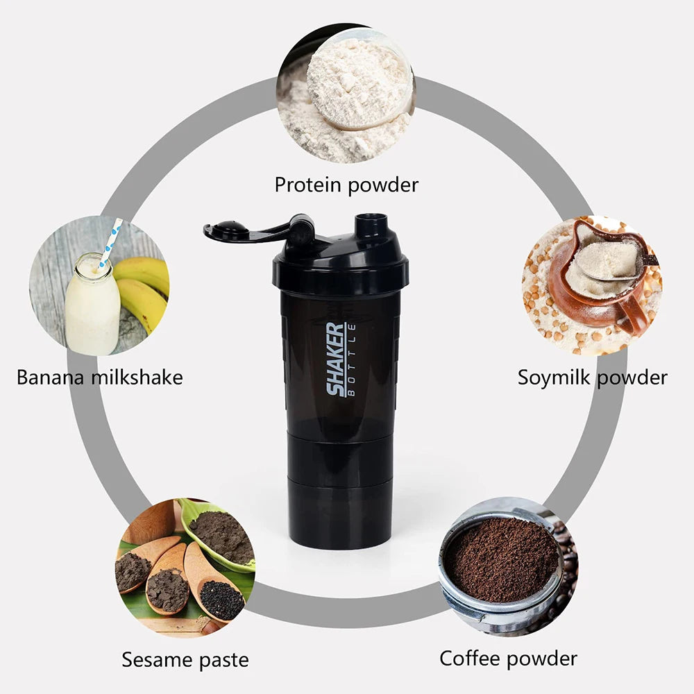 3 Layers Shaker Protein Bottle Powder Shake Cup Water Bottle Plastic Mixing Cup Body Building Exercise Bottle - Smarsty