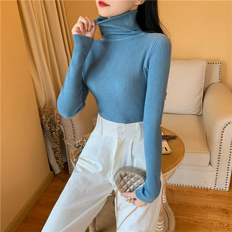 2025 Autumn Winter Women Long Sleeve Knitted Foldover Turtleneck Ribbed Pull Sweater Soft Warm Femme Jumper Pullover Clothes - Smarsty