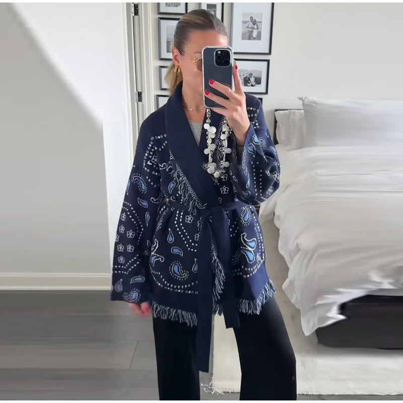 Tassel Patchwork Printed Cardigan Women Geometric Patterns Belts V-neck Long Sleeve Knitted Street Lady Sweater 2025 Autumn Coat - Smarsty