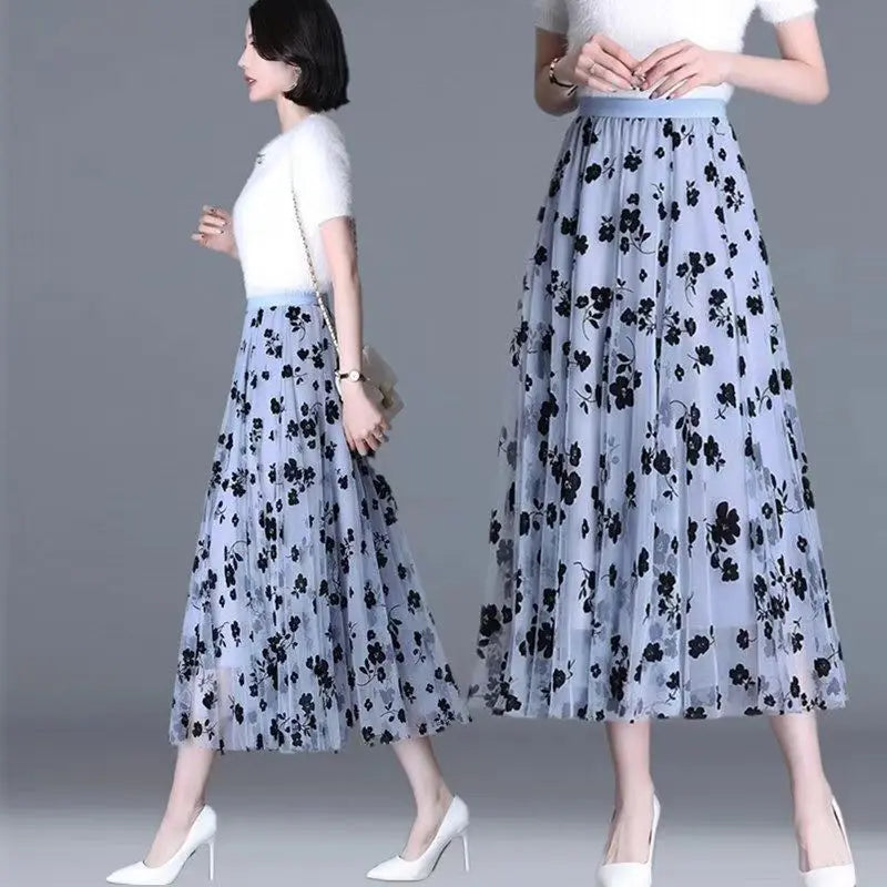 Korean Women Tulle Skirt Fashion Summer Hook Floral Loose Midi Skirt Elegant Female Casual All Match Mesh Skirts New - Smarsty