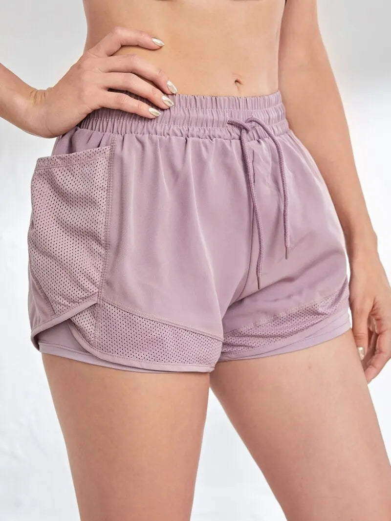 Women's Elastic Sports Shorts, Shorts With Pockets, Fake Two-Piece Yoga Leggings Running And Training - Smarsty