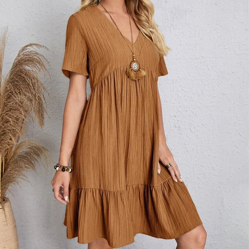 2025 Loose V-neck Short Sleeved Pleated Women Dress Solid Color A-line Beach Dresses Elegant Simple Comfortable Woman Clothing - Smarsty