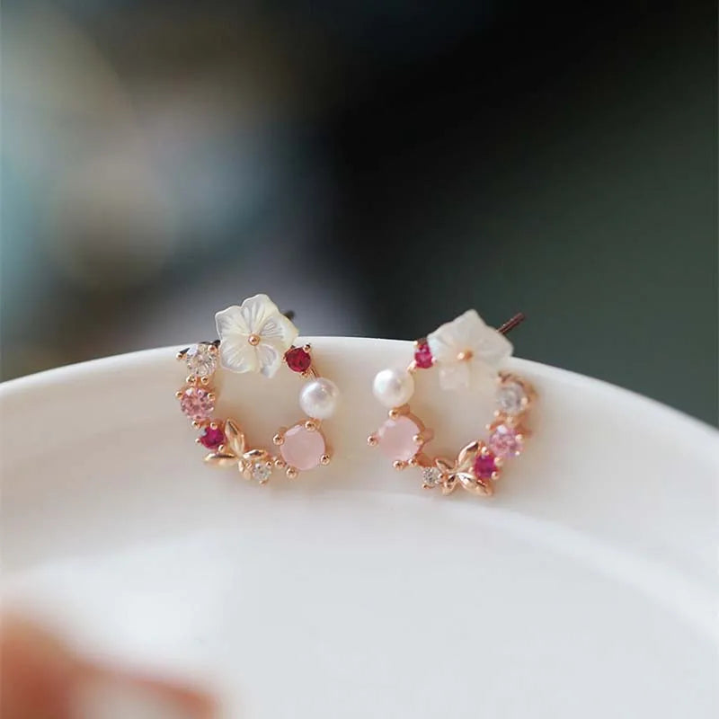 Pink Crystal Butterfly Pearl Stud Earrings For Women - Smarsty
