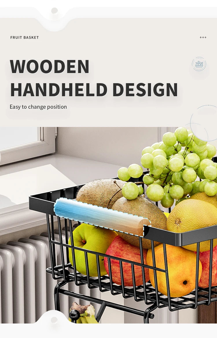 fruit basket vegetable basket,Metal storage basket with hook and wooden handle,Stackable and removable kitchen storage rack