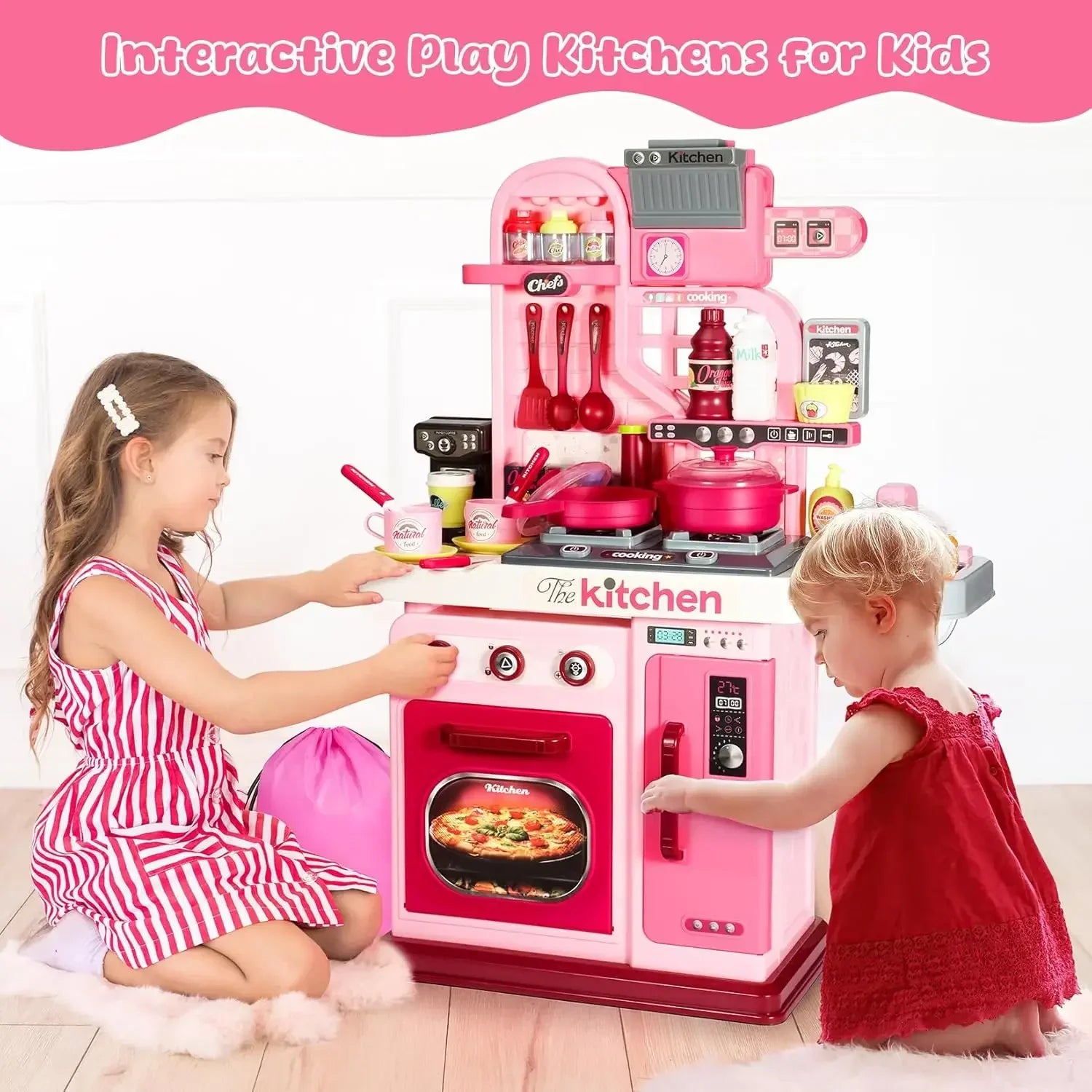 Kids Kitchen Playset ,Kitchen Set for Toddlers 1-3 3-5, Cooking Stove, Play Sink and Kitchen Accessories, Toy Kitchen (Pink)