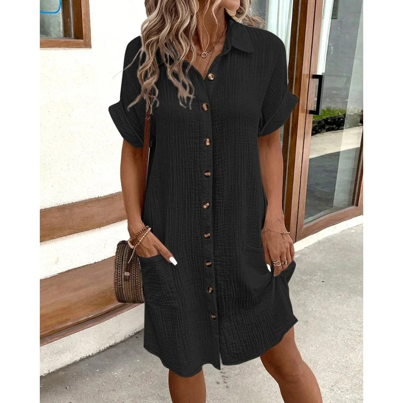 Fashion Women Summer Short Sleeve Shirt Dress Elegant Loose Simple Pockets Office Single Breasted Casual Party Dresses Clothes - Smarsty