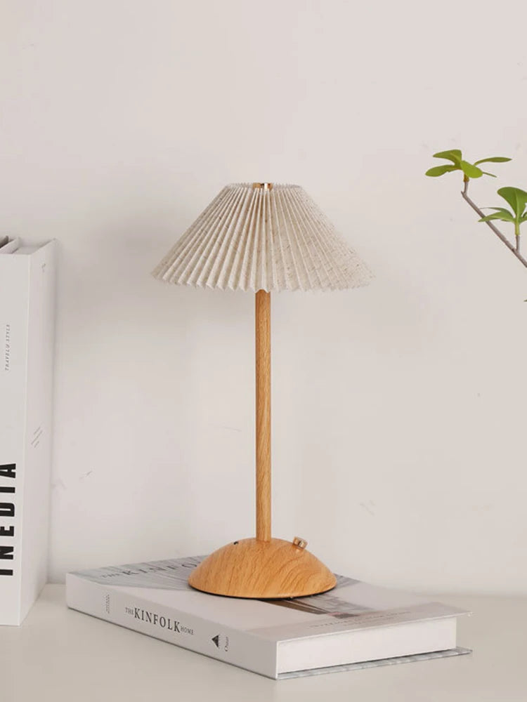 Minimalist Nightstand Light Fabric Shade Portable LED Desk Lamp Wood Base Dimmable Touch Lamp for Restaurant Bedroom Coffee Shop