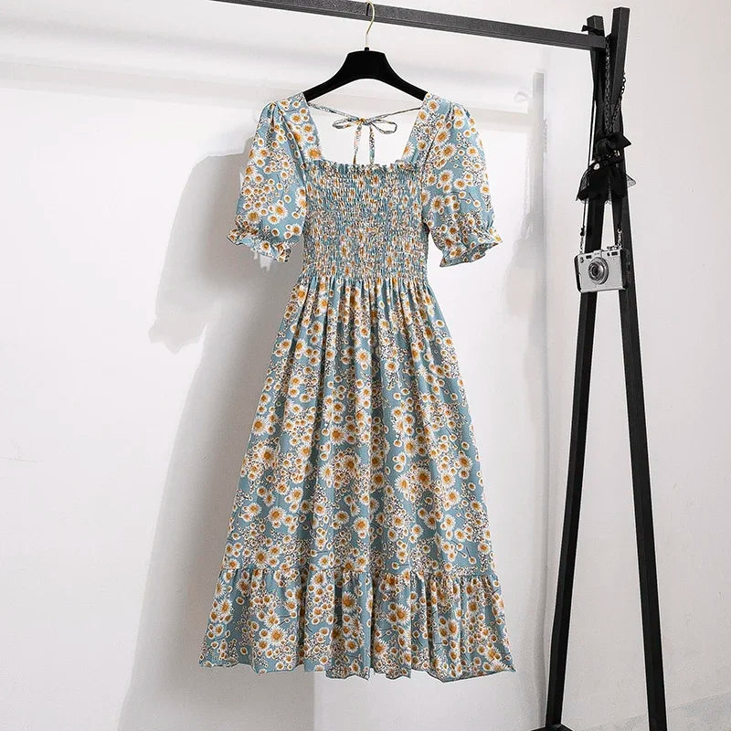 Spring Summer Chiffon Dresses Fashion Female Elastic Waist Short Sleeve Pleated Casual Dress Women A-line Dresses Vestidos - Smarsty