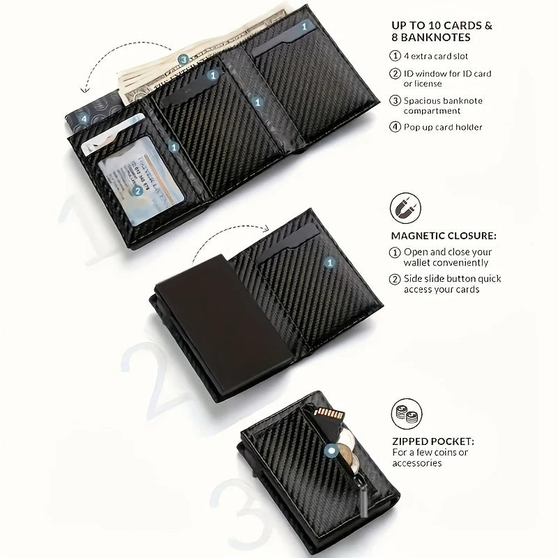 Men's Wallet with Zipper Coin Purse Automatic Pop-up Metal Credit Card Holder Minimalist RFID Blocking Business Card Wallet Idea - Smarsty
