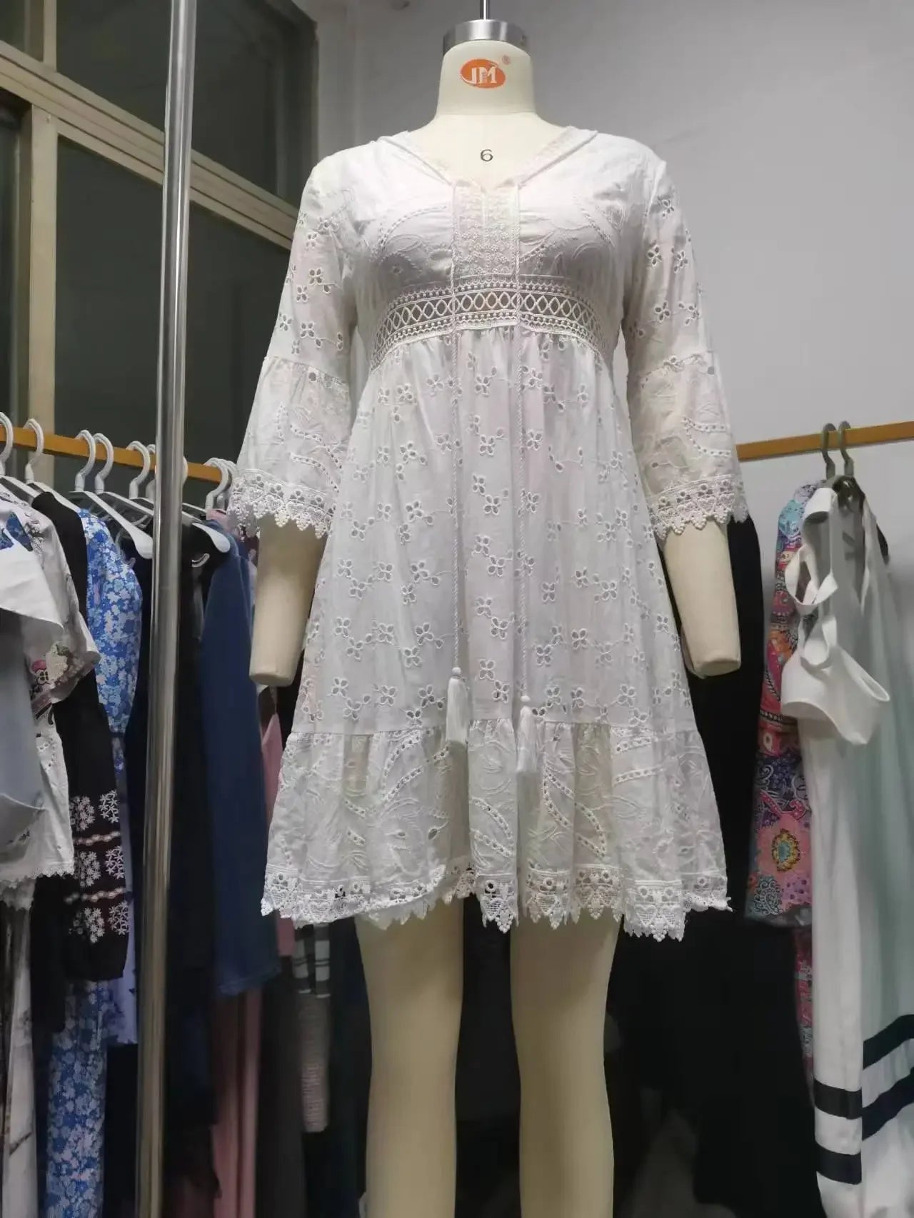 Hollow Out Summer Dress for Women Female V Neck Long Sleeve White Dresses Loose Solid Casual Women Beach Holiday Dress Vestidos - Smarsty