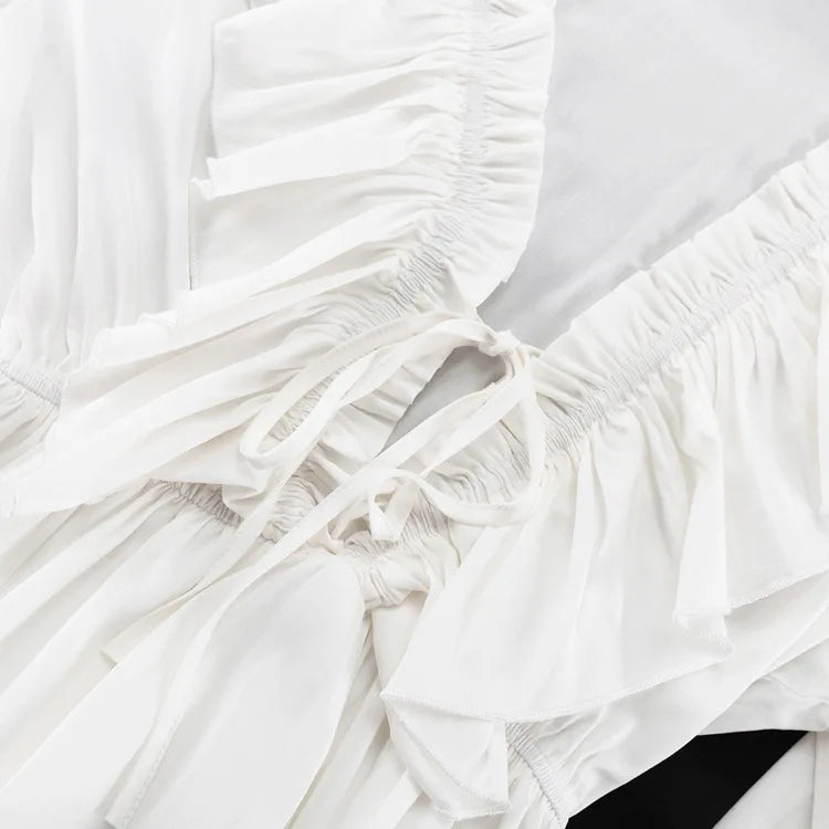 Tossy Ruffled V-Neck White Mini Dress Female Patchwork Long Sleeve Elegant Bandage Fashion Dress High Waist Lace-Up Women Dress - Smarsty