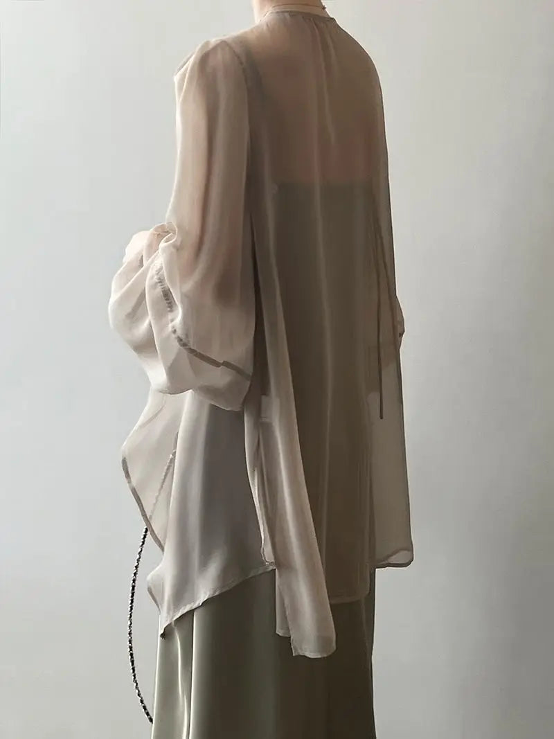 Shirts Women V-neck Loose Long Sleeve Open Stitch Korean Style Lace-up Simple Solid Summer Chiffon Breathable Minimalist Stylish - Smarsty