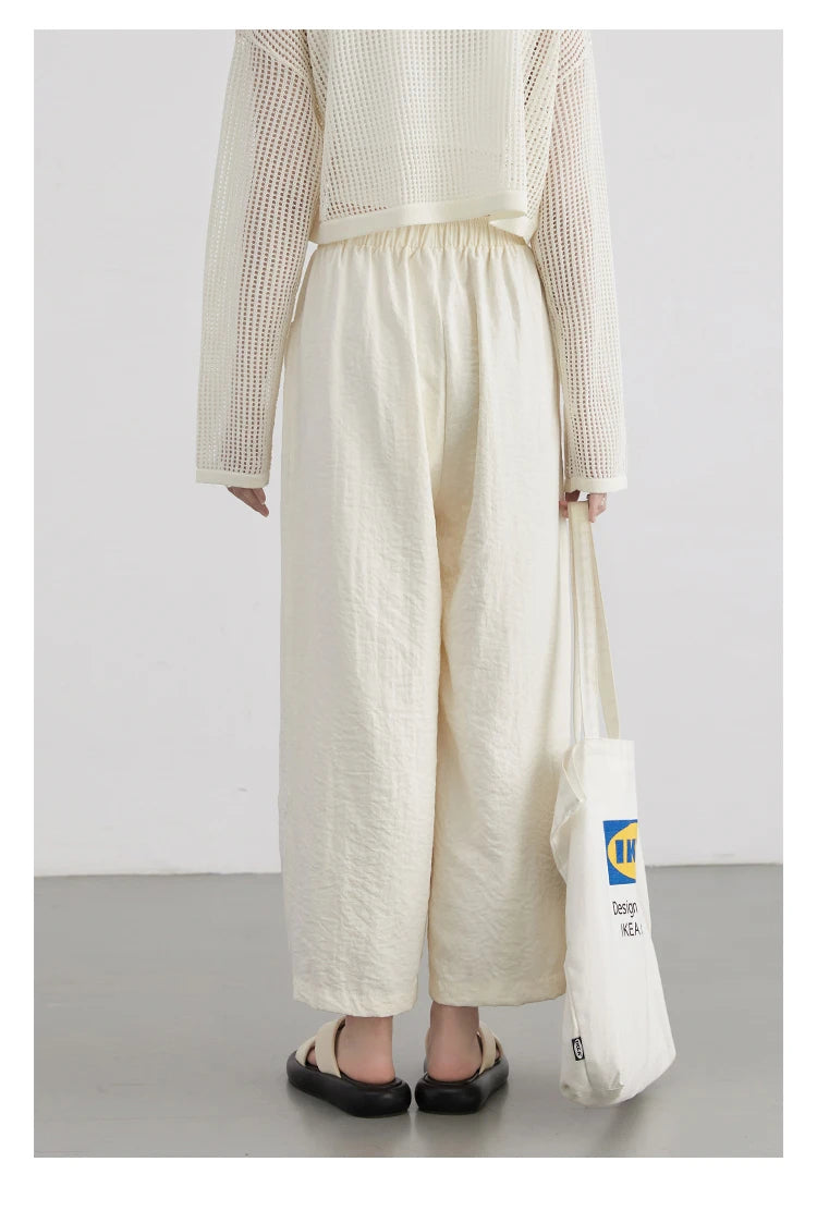 CHIC VEN Women White Pants Solid Casual Elastic Waist High Waisted Pleated Wide Leg Female Trousers Fold Summer 2025 Clothing - Smarsty