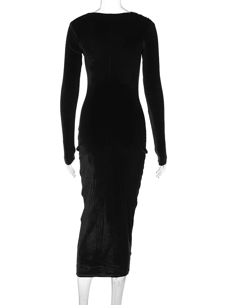 Dulzura 2024 Spring Summer Velvet Long Sleeve Midi Dress For Women Ruched Long Dress Elegant Party Clothes Evening Green Outfits - Smarsty