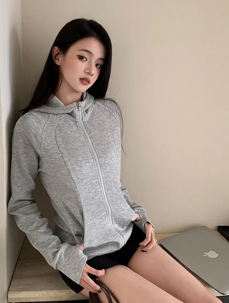 Gray Zipper Hooded Sweatshirt Women 2025 New Korean Slim Fit Cardigan Long Sleeve Coat Woman Solid Pockets Sports Hoodies Jacket
