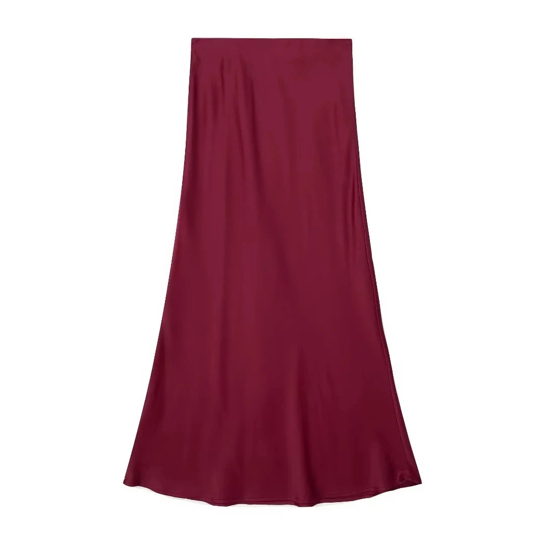 TRAFZA 2024 Y2K Casual Women Long Skirt Spring Elastic High Waisted A-Line Casual Female Satin Skirts High Street Lady Skirts - Smarsty