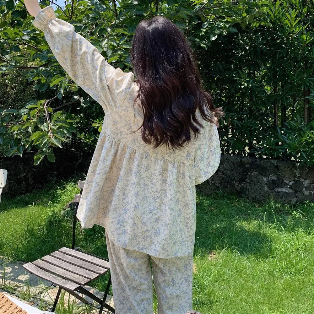 Women Plus Size Pajamas Garden Style Student Homewear Two-Piece Korean Version of the Bow Can Be Worn Outside Long-Sleeved women - Smarsty