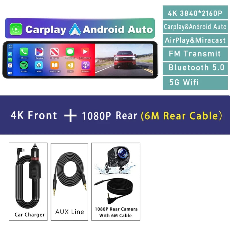 4K Dash Cam with GPS WiFi CarPlay Android Auto Mirror - Smarsty