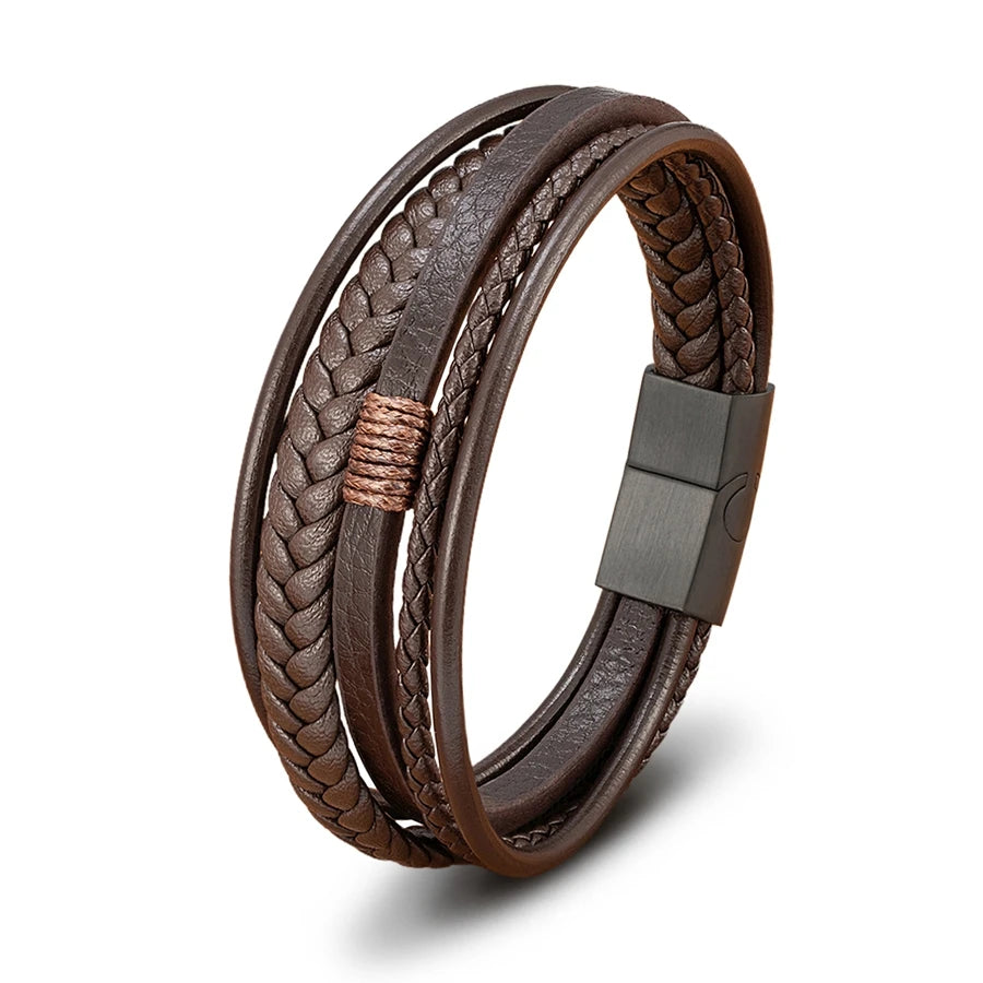 Mens Leather Bracelet Magnetic Buckle Multilayer Bangles - Smarsty