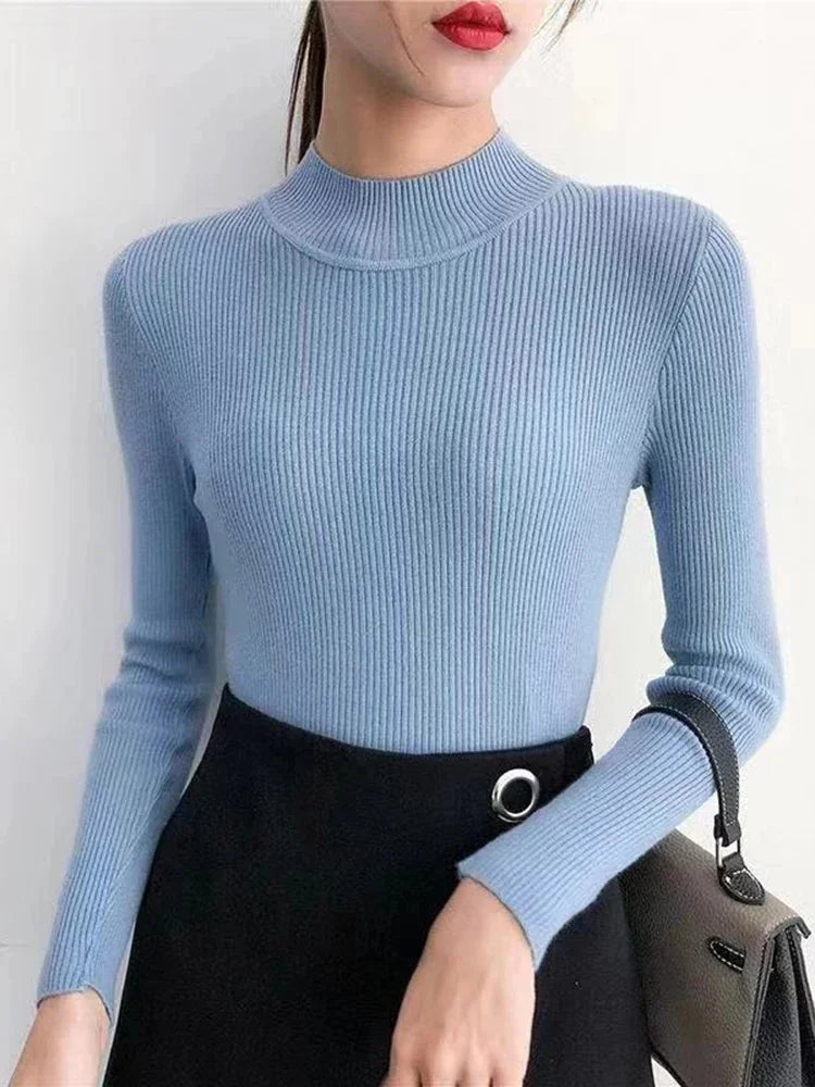Autumn Winter Mock Neck Women Sweater Vintage Basic Solid Knitted Tops Casual Slim Pullover Korean Sweaters Simple Chic Jumpers - Smarsty
