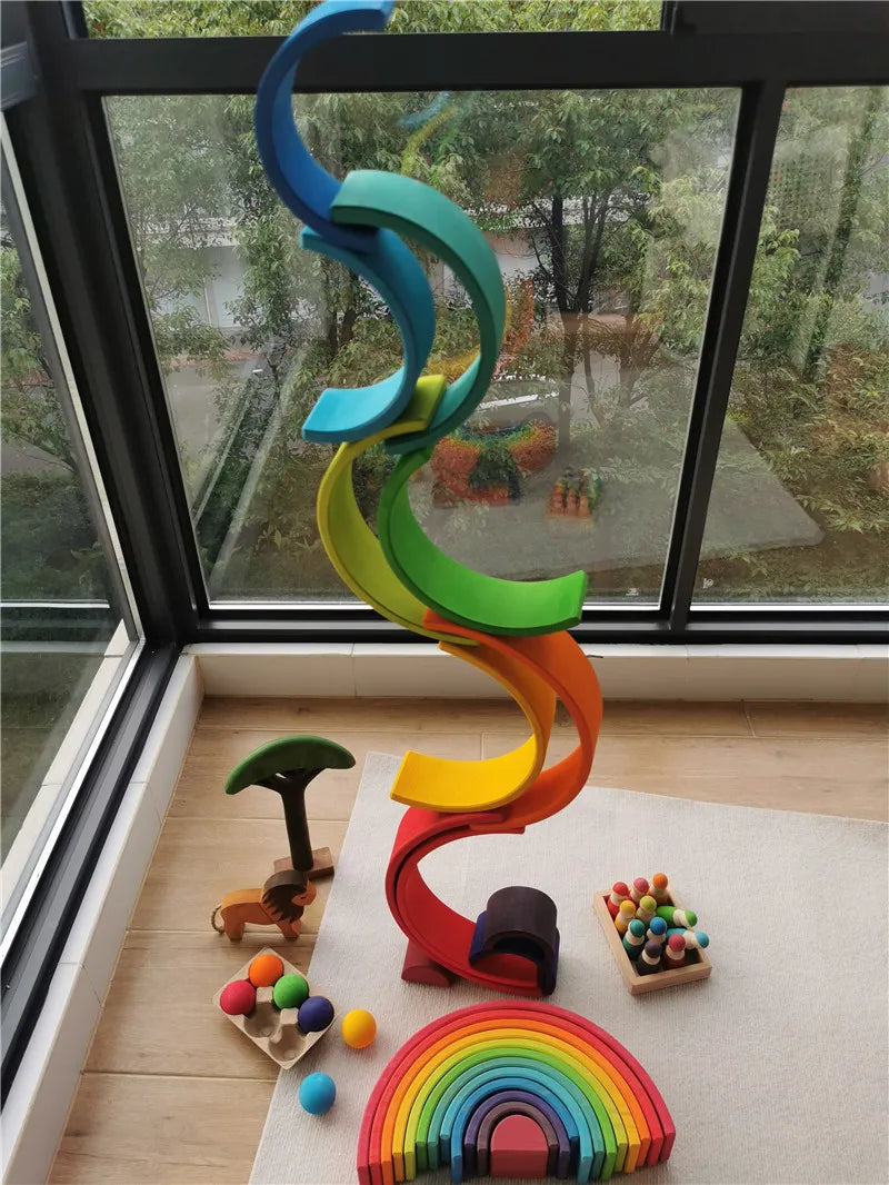 High Quality Wooden Toys Lime Wood Rainbow Arch Stacking Blocks Building Semi Color Sorting Peg Dolls Balls Slat for Kids Play - Smarsty