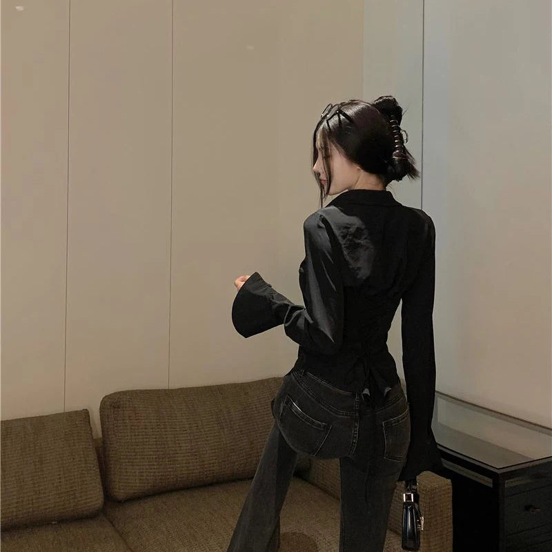 Gidyq Fashion Women Bandage Shirts Korean All Match Streetwear Female Slim Blouse Spring Casual White Bell Sleeve Shirt New - Smarsty