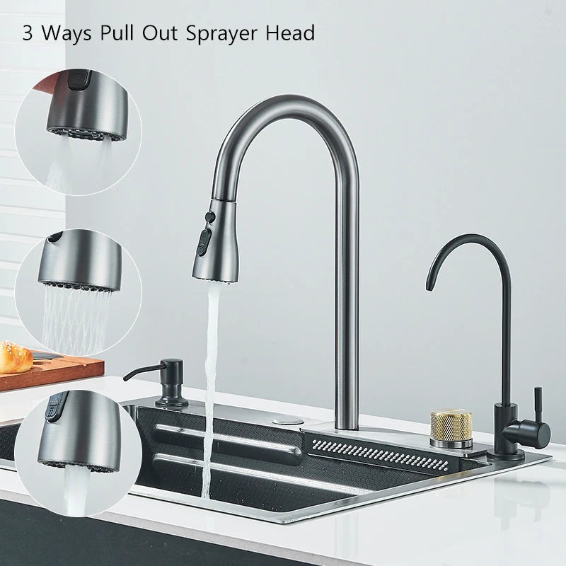 Large 304 Stainless Steel Waterfall Kitchen Sink with Faucet - Smarsty