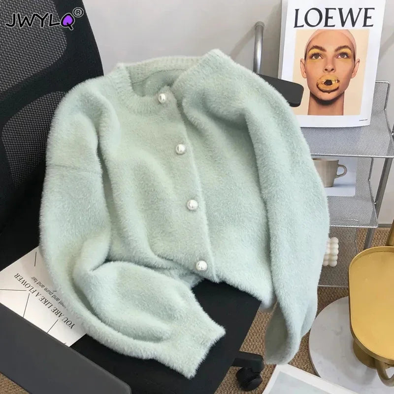Korean Simple O-neck Single-breasted Imitation Mink Velvet Knitted Sweater 2023 Casual Loose Soft Pearl Buttons Cardigan Women - Smarsty