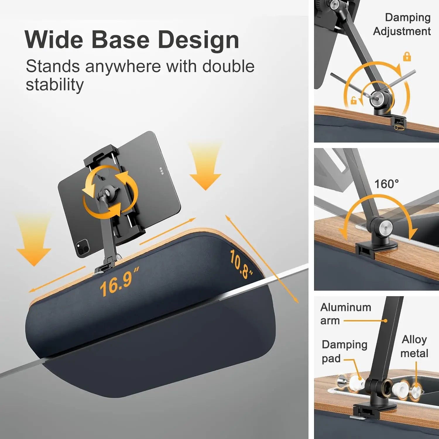 Adjustable Tablet Pillow Stand with Snack Bowl, 360° Rotating Clip for 4.7-13" Devices, Hands-Free Reading on Bed or Couch