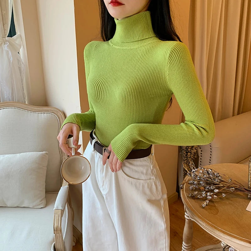 2025 Autumn Winter Women Long Sleeve Knitted Foldover Turtleneck Ribbed Pull Sweater Soft Warm Femme Jumper Pullover Clothes - Smarsty