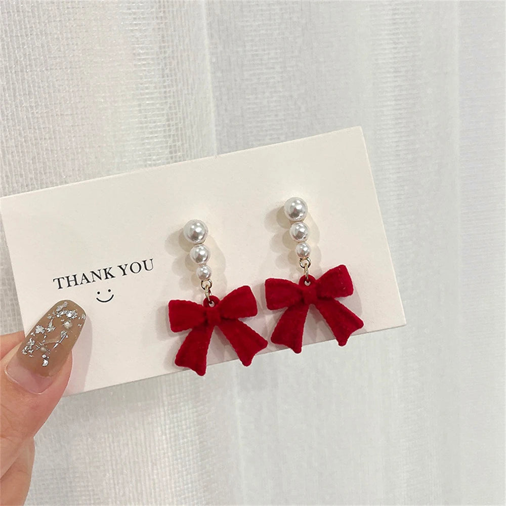 Red Black Bowtie Earrings with Simulated Pearls for Women - Smarsty