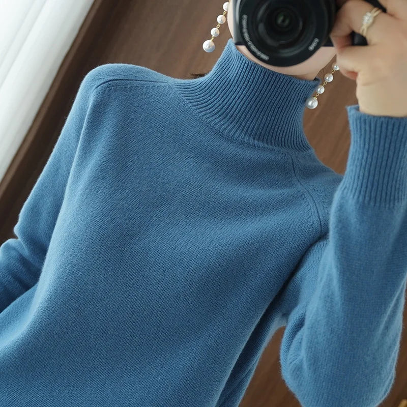 Fashion Basic Autumn Winter Merino Wool Sweater Mock Neck Cashmere Pullover Solid Color Soft Long Sleeve Clothing Tops - Smarsty