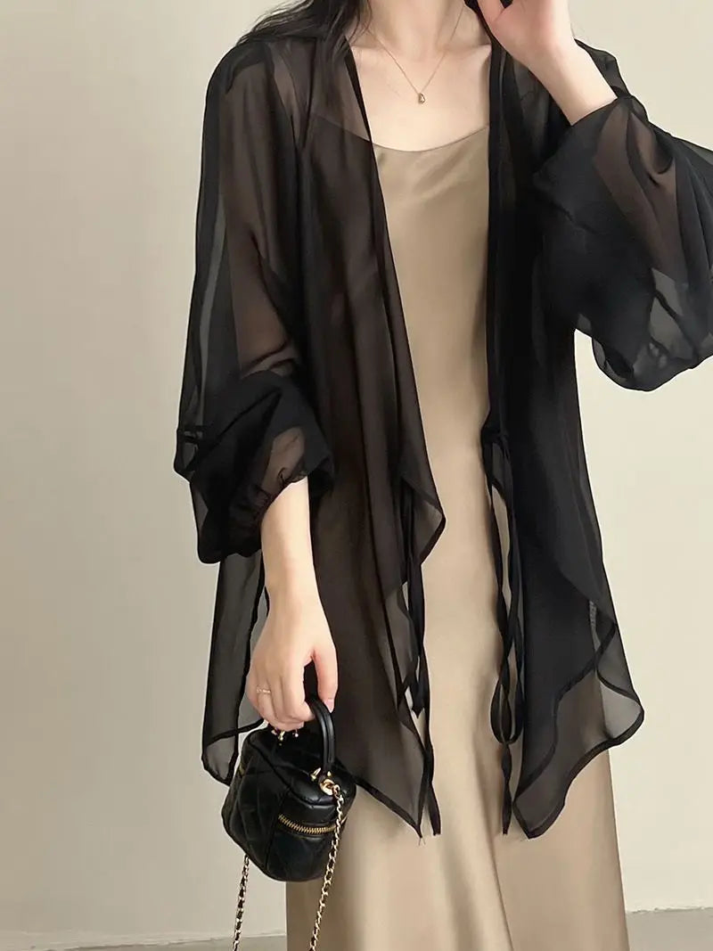 Shirts Women V-neck Loose Long Sleeve Open Stitch Korean Style Lace-up Simple Solid Summer Chiffon Breathable Minimalist Stylish - Smarsty