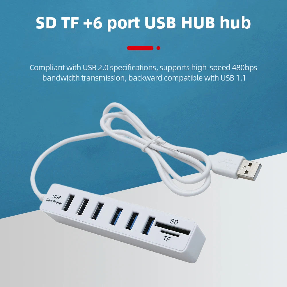 USB 6 Port Extension Hub High Speed Transmission Memory TF Splitter Adapter Plug and Play USB 2.0 for Laptop Computer PC