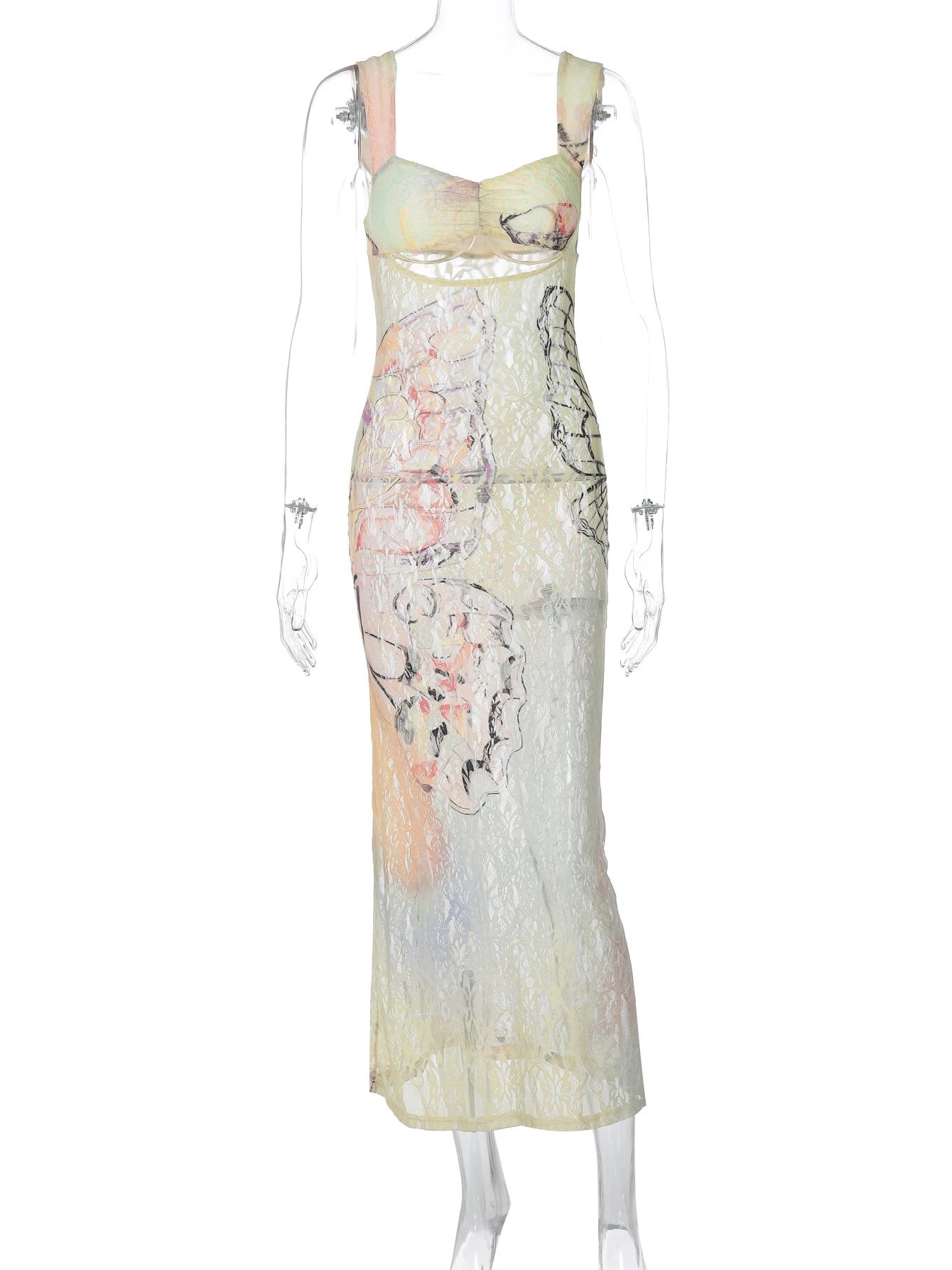 Dulzura Lace Print Cut Out Maxi Dress Bodycon Sexy Party Club Y2K Outfits Streetwear Bandage Dress Vestido Classic Prom - Smarsty