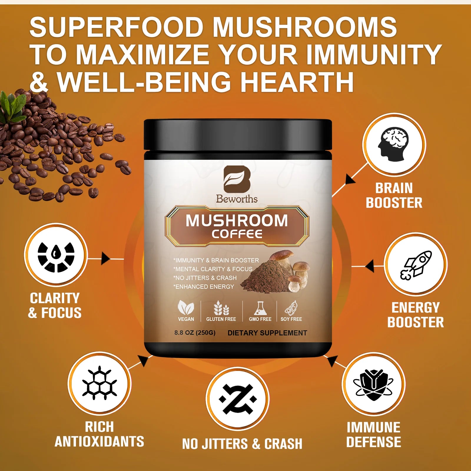 Mushroom Coffee 10 Mushroom Extract - Lion's Mane, Cordyceps, Reishi, Turkey Tail, Chaga, Maitake for energy and immune support