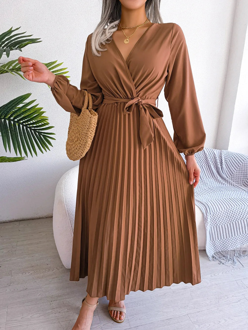 Women Elegant V Neck Long Sleeve Pleated Maxi Dress - Smarsty