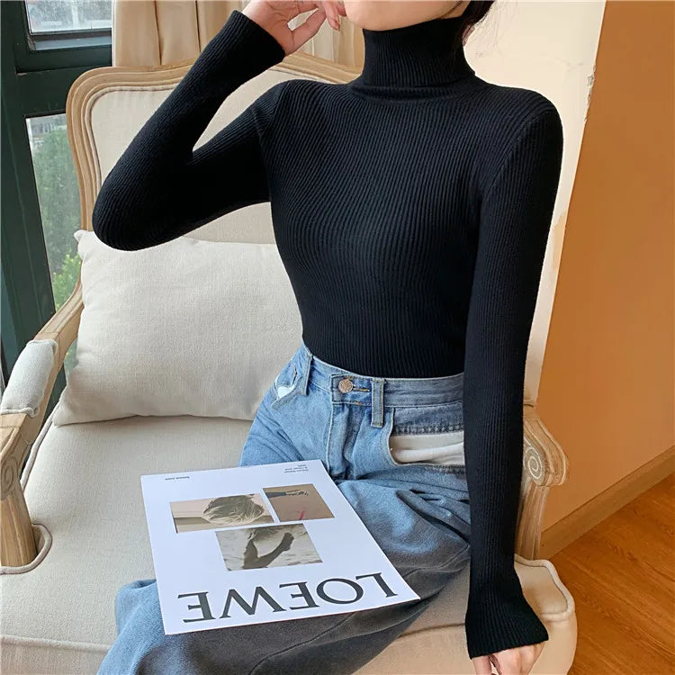 2025 Autumn Winter Women Long Sleeve Knitted Foldover Turtleneck Ribbed Pull Sweater Soft Warm Femme Jumper Pullover Clothes - Smarsty