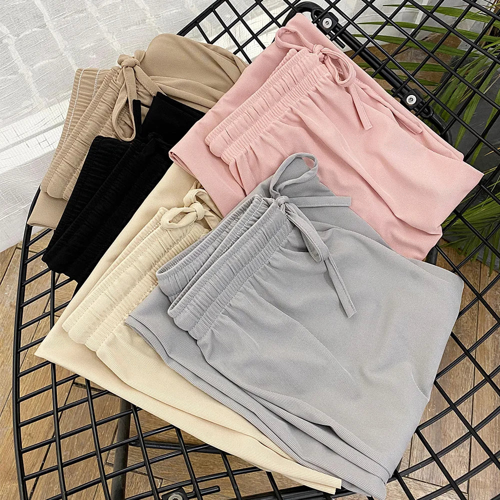 Women Ankle-Length Wide Leg Pants Casual Summer Solid Elastic Waist Loose Ice Silk Pants Spring Summer Female Trousers - Smarsty
