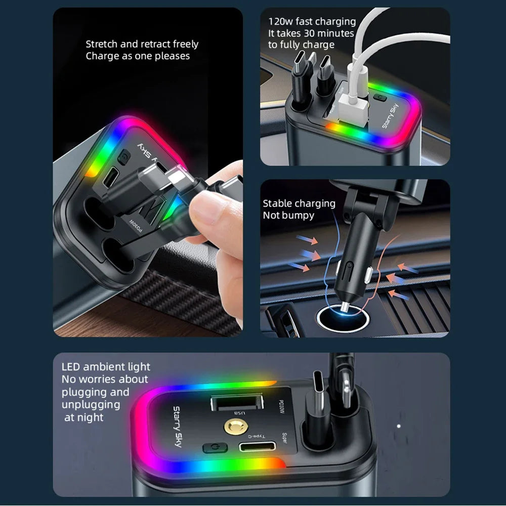 5-in-1 180W Car Fast Charger USB Type-C Power Adapter Retractable Phone Charger With Roof Starlight For IOS Android Phones - Smarsty