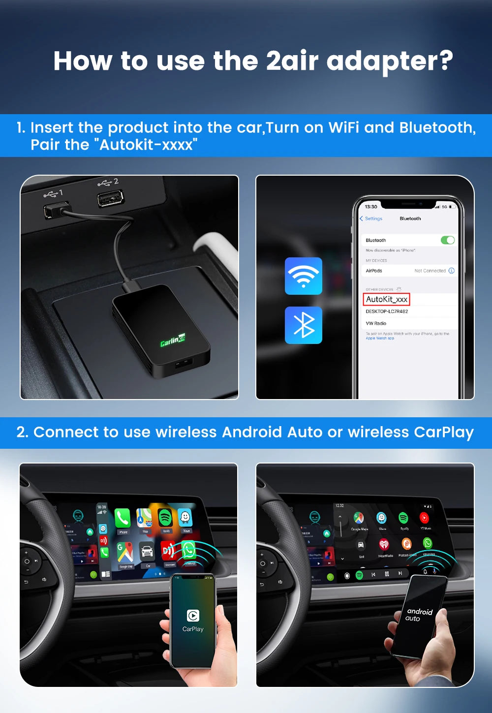 Wireless CarPlay Android Auto Adapter For All Cars Spotify - Smarsty