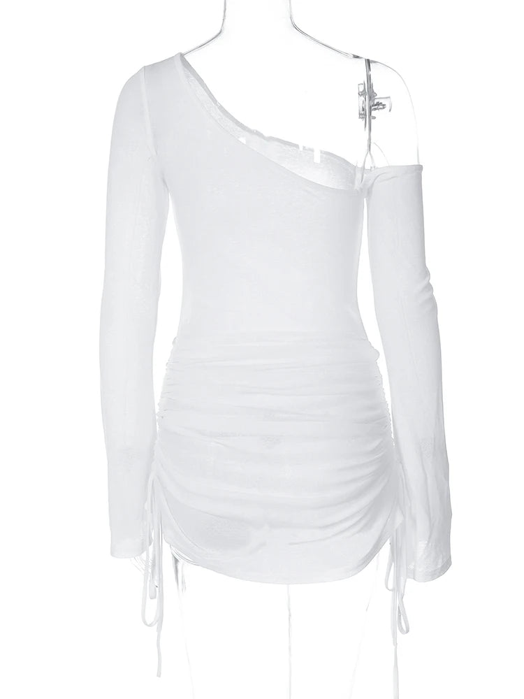 Dulzura Solid Skew Collar Ruched Straps Lace-Up See Through Draw String Mini Dress 2023 Summer Women Party Clubwear Wholesale - Smarsty
