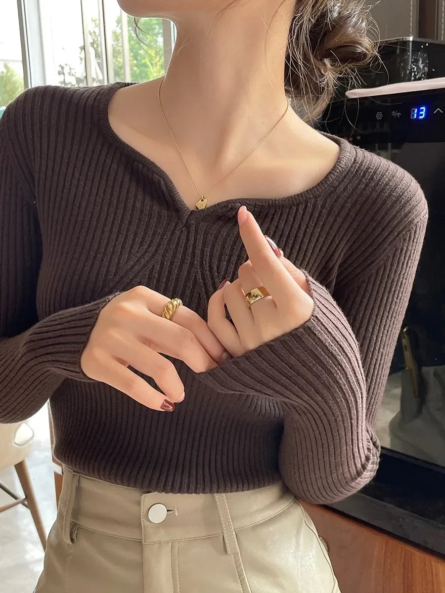 2025 Basic V-neck Chic Autumn Winter Pullover Women Female Knitted Ribbed Sweater Slim Long Sleeve Badycon High Quality Sweater - Smarsty