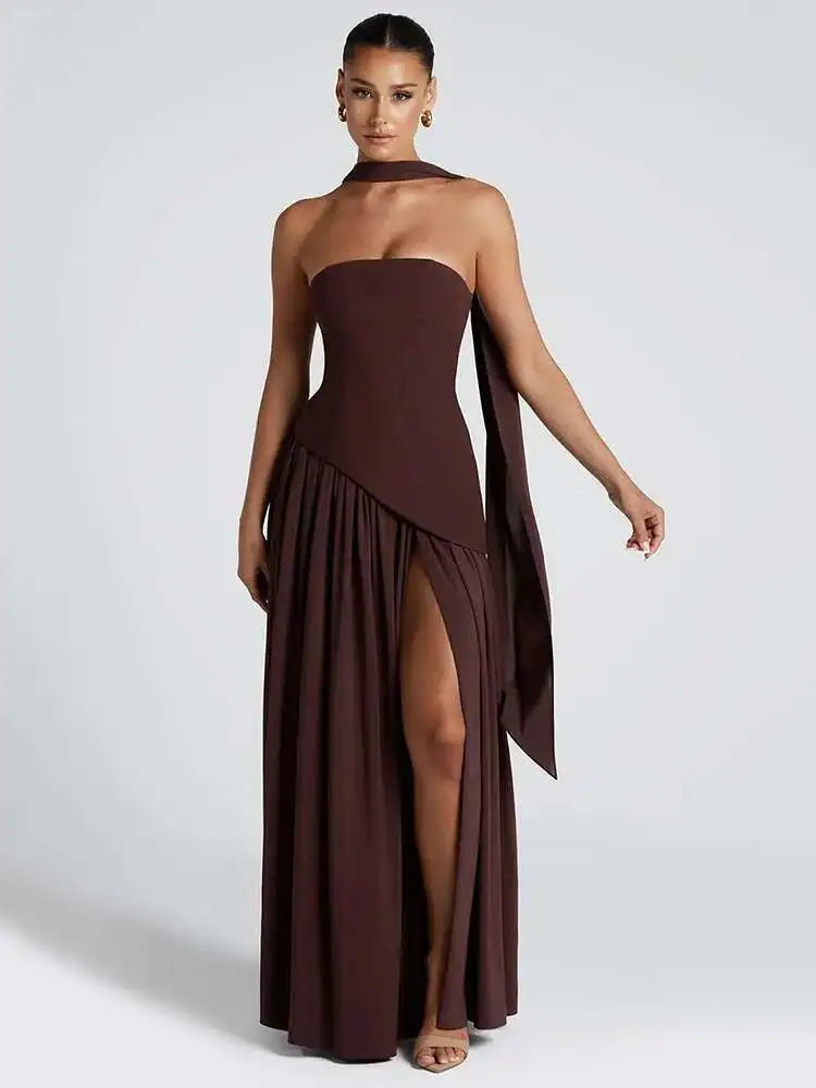 Mozision Strapless Off-shoulder Sexy Maxi Dress For Women Gown Patchwork Scarf Collar Thigh High Split Club Party Long Dress - Smarsty