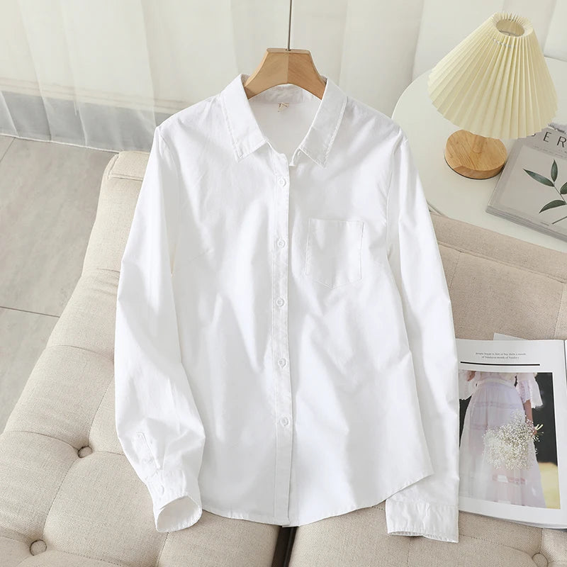 Casual Cotton Women's Oxford Shirt 2024 Autumn New Good Quality Woman Blouse and Tops Lady White Blue Striped Shirts Clothes - Smarsty